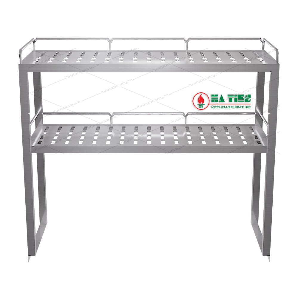 Kệ inox 2 tầng 1000x400mm - Kệ đặt trên bàn - Kệ lỗ inox, có lan can - Ảnh 2