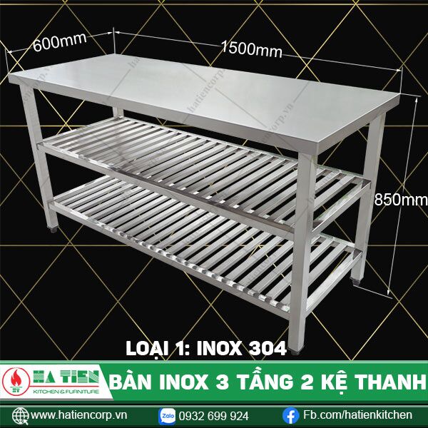 bàn inox 3 tầng 2 kệ thanh