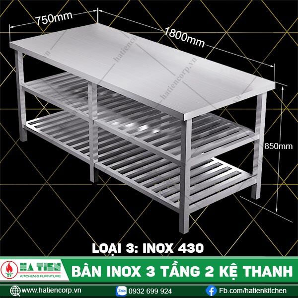 bàn inox 3 tầng 2 kệ thanh B2KT4-18