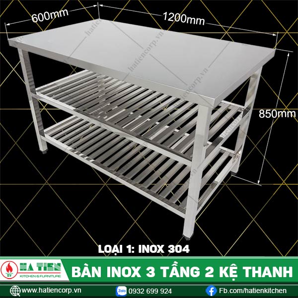 bàn inox 3 tầng 2 kệ thanh B2KT6-12