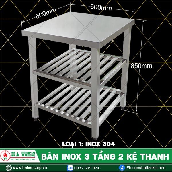 bàn inox 3 tầng 2 kệ thanh B2KT6-6