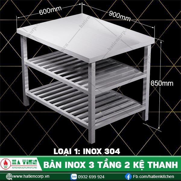 bàn inox 3 tầng 2 kệ thanh B2KT6-9h