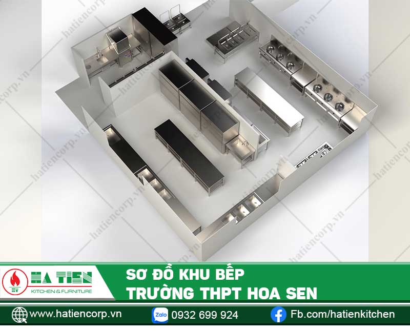 Bếp ăn trường Trung học Phổ thông Hoa Sen được thiết kế hợp lý