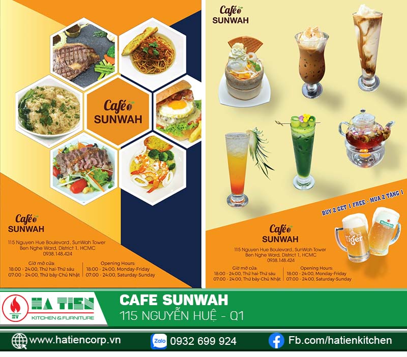 Cafe SUNWAH phục vụ thực đơn đa dạng và phong phú, từ nước uống, ăn nhẹ đến các món chính