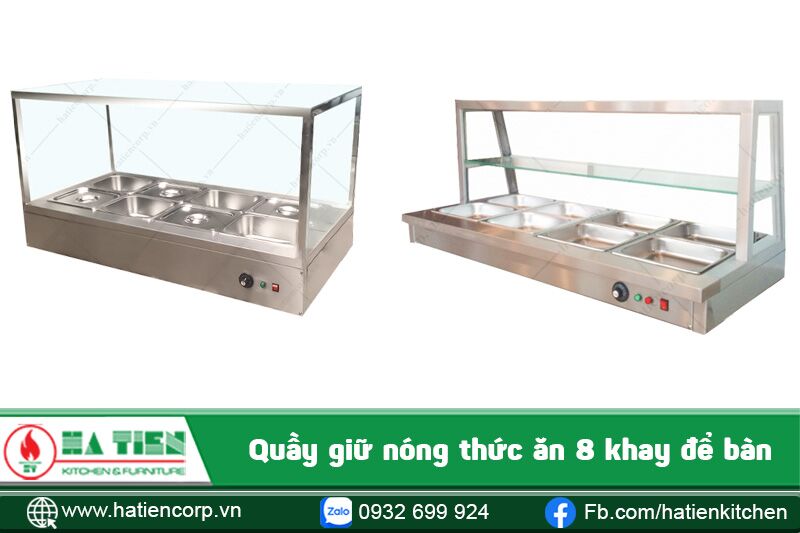 Mẫu quầy giữ nóng thức ăn 8 khay có kính